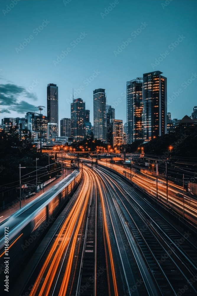 Urban skyline at dusk with train tracks and light trails. Urban skyline at dusk with train tracks and light trails.