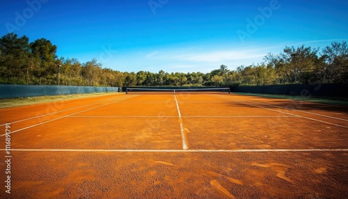 A sunny view of a clay tennis court with a net in the background.