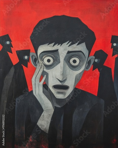 A distressed figure surrounded by shadowy figures on a red background.