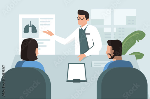 Male and female on doctor consultation regarding health 2D illustration