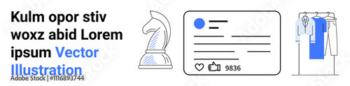 Knight chess piece, social media card with thumbs ups, hanging clothes on rack. Ideal for content creation, social media, e-commerce, business strategy, marketing branding promotions. Landing page