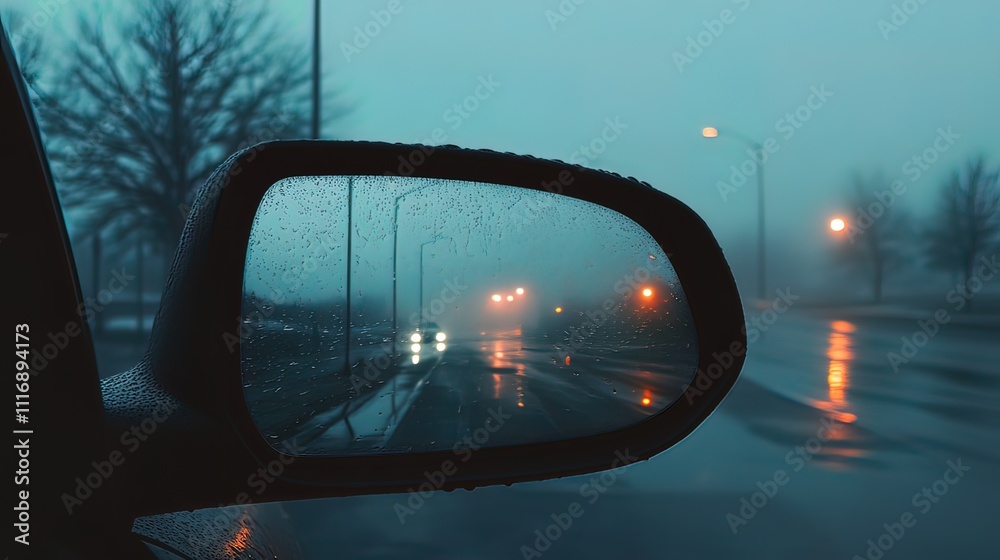 Rainy night city street view reflected in a car's side mirror, showing blurred lights and wet asphalt. Rainy night city street view reflected in a car's side mirror, showing blurred lights and wet asphalt.
