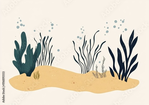 Undersea Scene with Sandy Bottom and Various Seaweeds