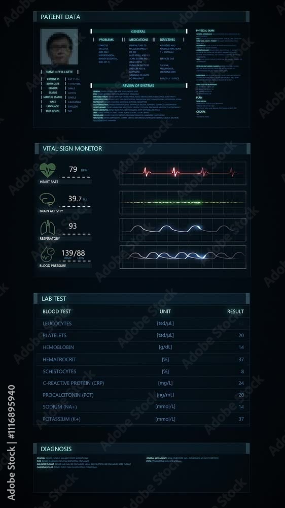 Futuristic technological interface analyzing human male anatomy. Medical profile of patient showing: bones, MRI scan, respiratory system and vital signs.
