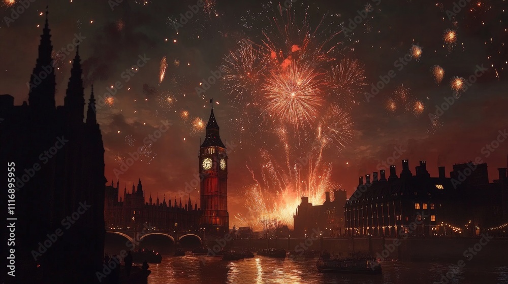 Fototapeta premium Fireworks over a famous landmark, celebrating the New Year in an iconic way