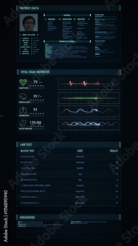 Futuristic technological interface analyzing human male anatomy. Medical profile of patient showing: bones, MRI scan, respiratory system and vital signs.