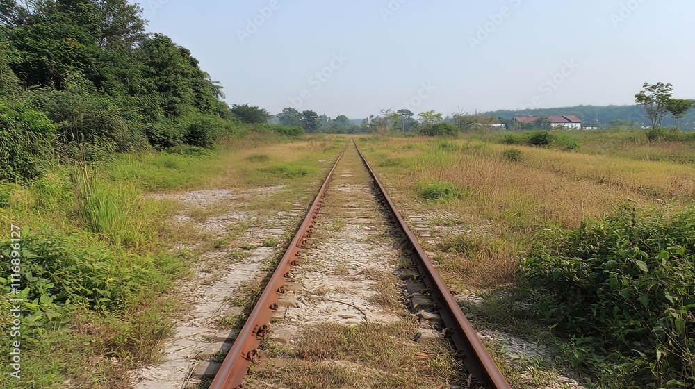 Rusty railway tracks disappearing into overgrown vegetation. Rusty railway tracks disappearing into overgrown vegetation.