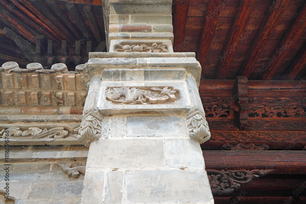 Brick carvings on the walls of the Xuanli Building of the Salar people Museum in the China Ethnic Museum, Beijing