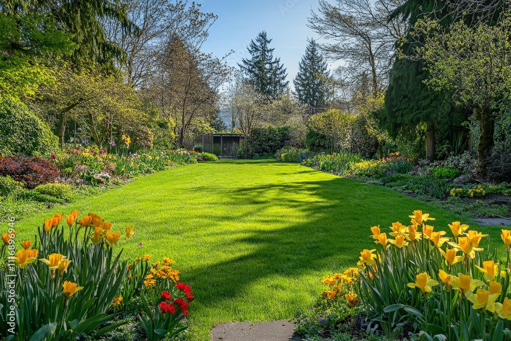 Obraz premium Fresh spring garden with daffodils and tulips in bloom, symbolizing renewal