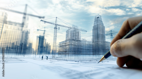 A hand drafts a cityscape from blueprints, with cranes and buildings emerging vividly against a dynamic, cloudy sky.