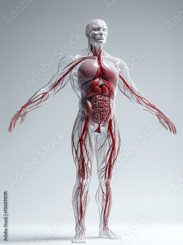 An anatomical model reveals an intricate web of arteries and organs, showcasing the body's complexity.