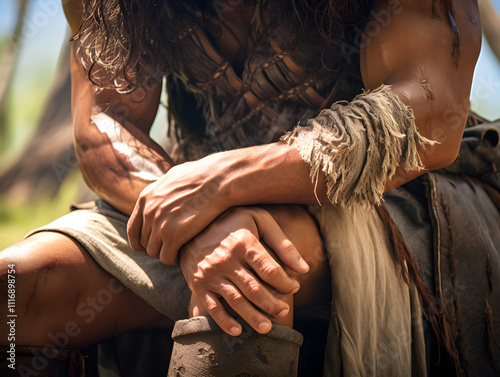 Warrior resting with strong physique and detailed attire in a forest setting during daylight photo