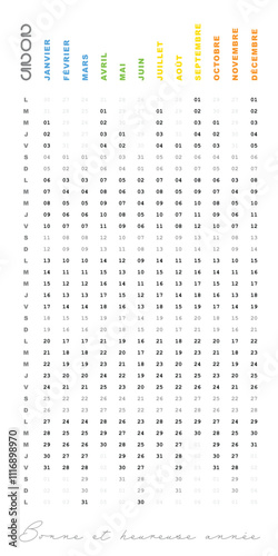 Calendrier 2025, Dates Françaises, Design Vertical,  simple Modifiable, couleurs