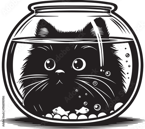 Cat peeking out of a fishbowl black vector silhouette