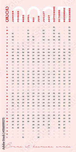Calendrier 2025, Dates Françaises, Design Vertical,  simple Modifiable, couleur rouge