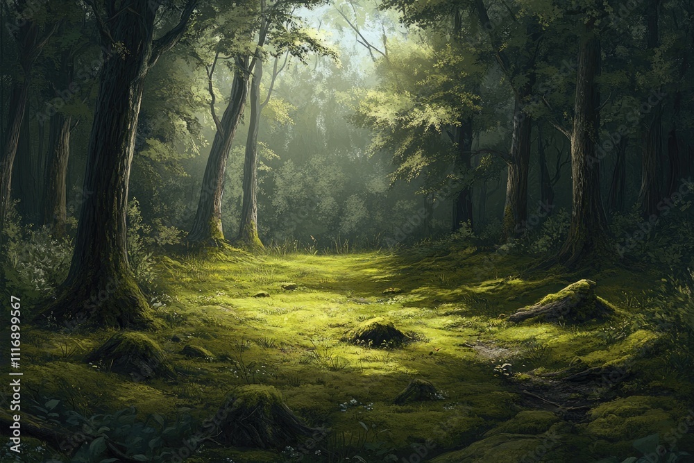 Fototapeta premium Sunlit Forest Path Mossy Ground Ancient Trees