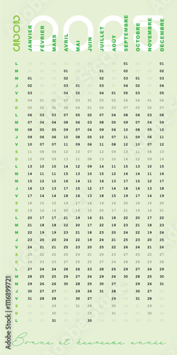 Calendrier 2025, Dates Françaises, Design Vertical,  simple Modifiable, couleur vert