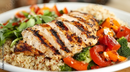 High-protein meal with grilled chicken, veggies, and quinoa, promoting healthy eating