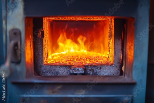 Industrial furnace with glowing heat, used in metal production photo