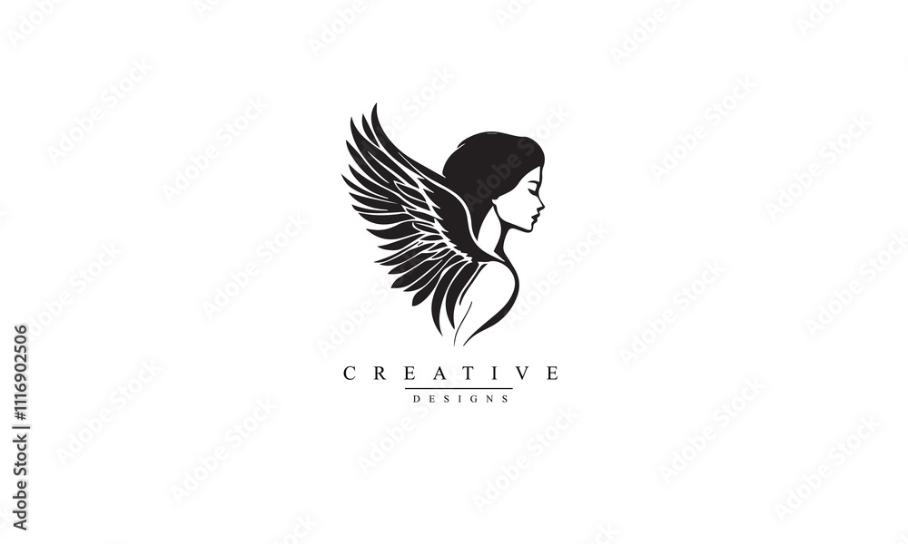 Fototapeta premium Silhouette of Beauty Woman Angel Logo white background