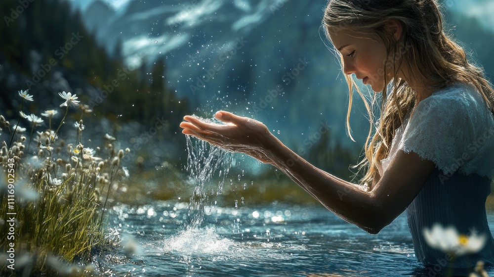 Fototapeta premium Young Woman in Nature Reaching for Water