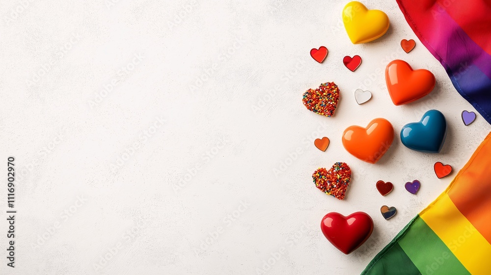 Vibrant and Colorful LGBT Themed Parade Gear with Hearts and Rainbow Flag Celebrating Diversity and Inclusion in a Festive Atmosphere Vibrant and Colorful LGBT Themed Parade Gear with Hearts and Rainbow Flag Celebrating Diversity and Inclusion in a Festive Atmosphere