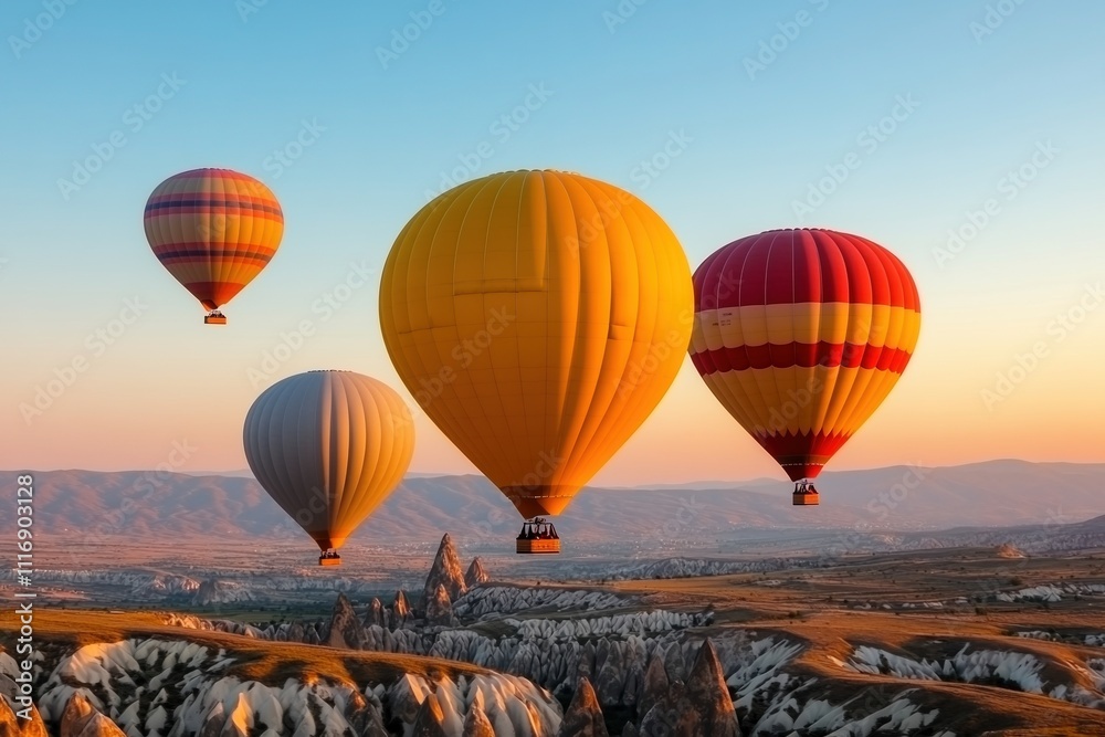 Fototapeta premium Colorful hot air balloons rising above the enchanting fairy chimneys of Cappadocia at sunrise