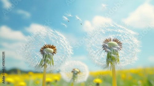 Dandelions swaying gently in the breeze, capturing the moment of wishful thoughts floating into the sky close up, concept of hope, vibrant, double exposure, open field backdrop