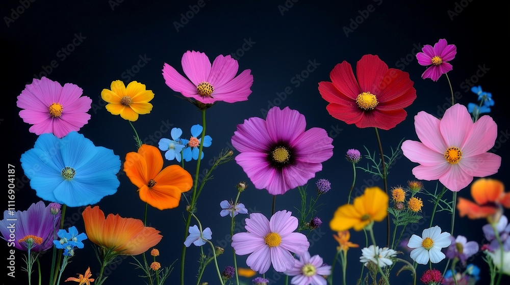 Fototapeta premium Cosmic Bloom: A vibrant symphony of colorful cosmos flowers against a deep blue backdrop. A captivating image that evokes feelings of joy, peace and natural beauty.