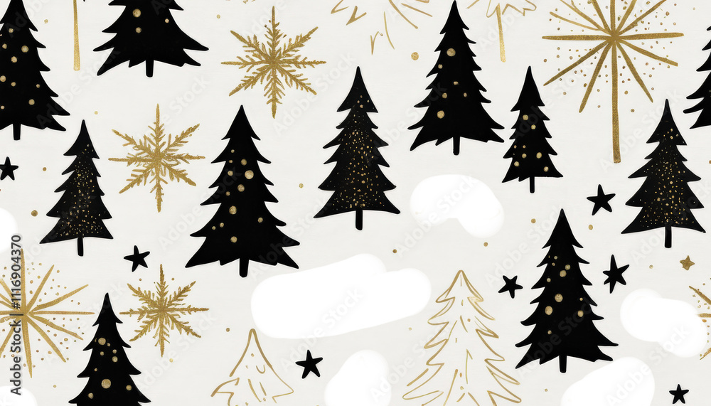 Obraz premium Hand drawing Black and Gold Christmas tree with golden snowflakes Merry Christmas