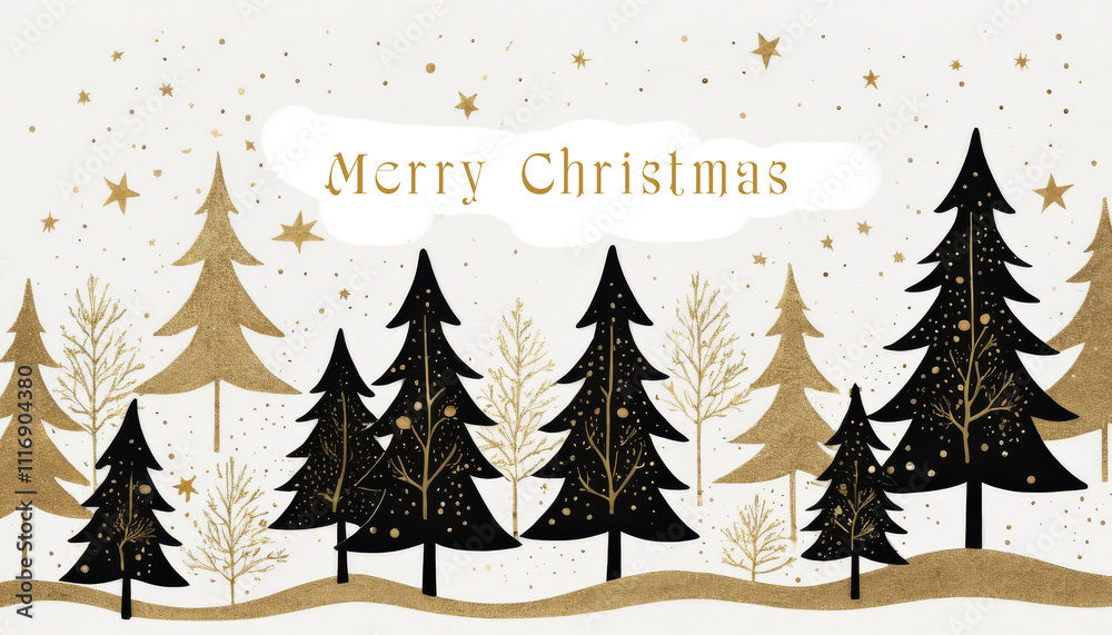 Fototapeta premium Hand drawing Black and Gold Christmas tree with golden snowflakes Merry Christmas