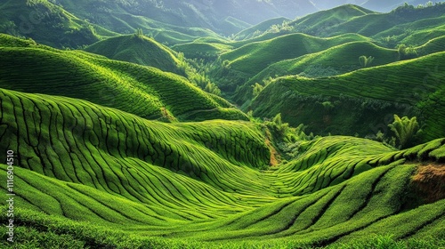 Mountainous region with terraces of tea plantations in green shades