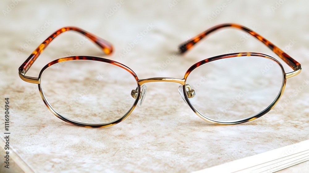 Tortoise shell oval eyeglasses with gold metal frame rest on a marble surface. Tortoise shell oval eyeglasses with gold metal frame rest on a marble surface.