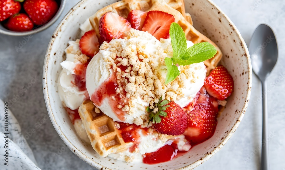 Vanilla and Strawberry ice cream sundae with crushed meringue, Generative AI Vanilla and Strawberry ice cream sundae with crushed meringue, Generative AI