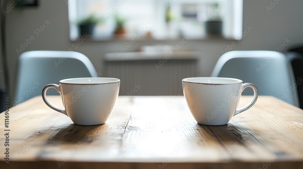 Two empty white coffee mugs on a rustic wooden table, opposite each other. Two empty white coffee mugs on a rustic wooden table, opposite each other.