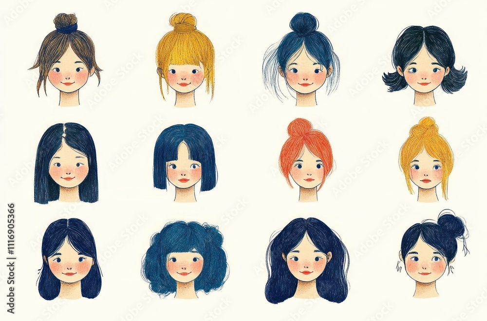 Diverse Hairstyles and Expressions in a Playful Minimalistic Style Diverse Hairstyles and Expressions in a Playful Minimalistic Style