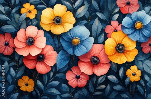 Vibrant Floral Pattern Watercolor Illustration with Colorful Flowers and Leaves