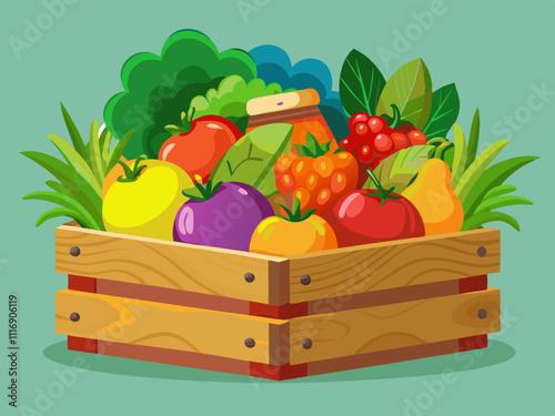 colorful illsutration of a close-up of freshly picked produce in a wooden crate