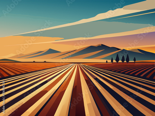 colorful illsutration of a freshly plowed field with symmetrical furrows leading into the horizon.