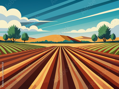 colorful illsutration of a freshly plowed field with symmetrical furrows leading into the horizon.