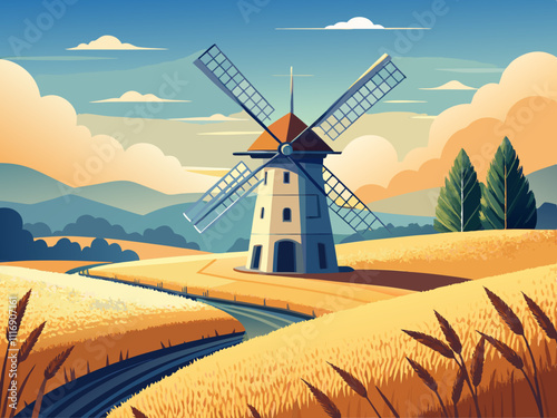 colorful illustration of a quaint windmill surrounded by golden wheat fields 