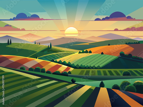 colorful illustration of a rolling hill with a patchwork of different crops under a vibrant sunset.