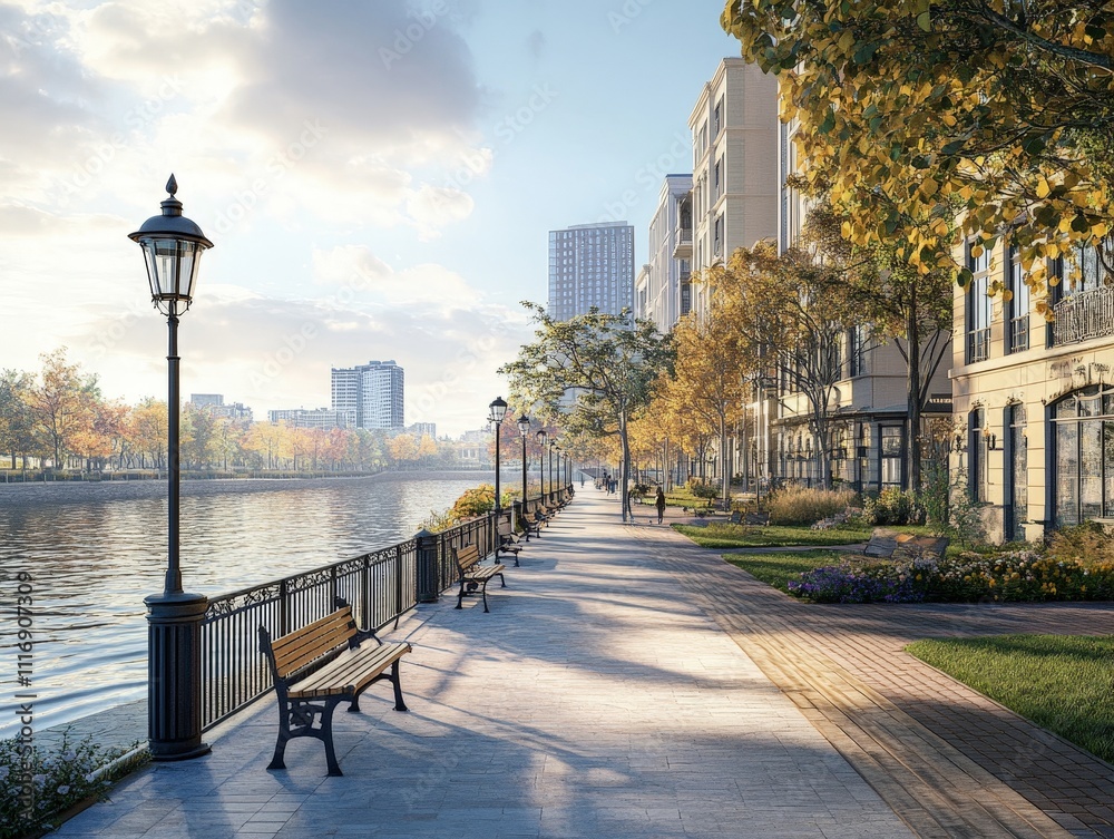 Fototapeta premium River walkway with tall buildings, street lamps, and benches along the path