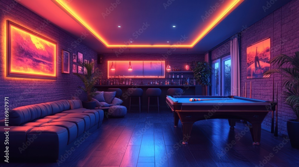 A modern, dimly lit game room with a pool table, bar, and comfortable seating. A modern, dimly lit game room with a pool table, bar, and comfortable seating.
