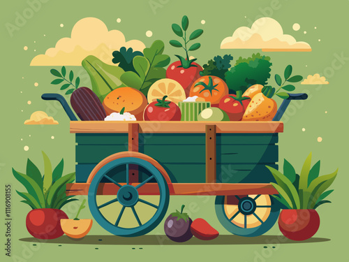 colorful illustration of a wooden farm cart filled with various fresh vegetables and grains.