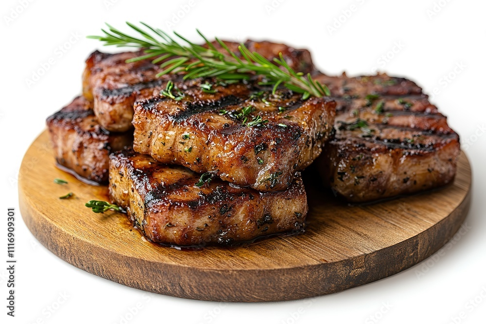 A plate of meat with herbs on top A plate of meat with herbs on top