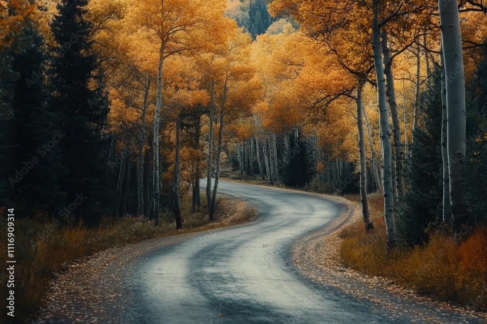 Fototapeta premium Scenic autumn drive with trees changing colors along a winding road