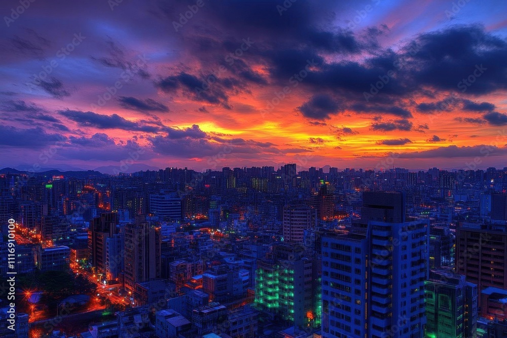 custom made wallpaper toronto digitalA vibrant city skyline at sunset, showcasing urban lights and clouds.