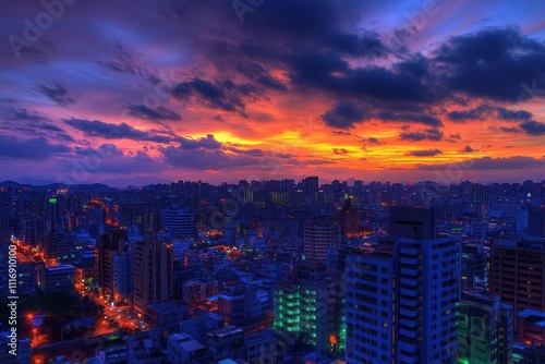 Wallpaper Mural A vibrant city skyline at sunset, showcasing urban lights and clouds. Torontodigital.ca