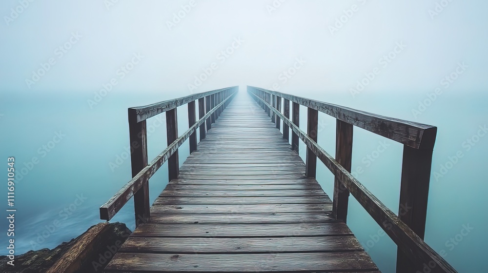 Wooden pier extending into a foggy lake. Wooden pier extending into a foggy lake.
